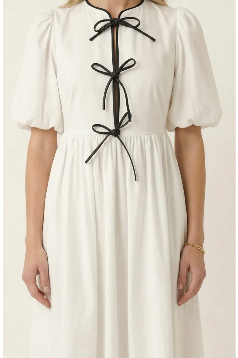 Puff Sleeve Midi Dress with Tiered Front Ties and Contrast Trim, Alternate, color, White / Black Trim