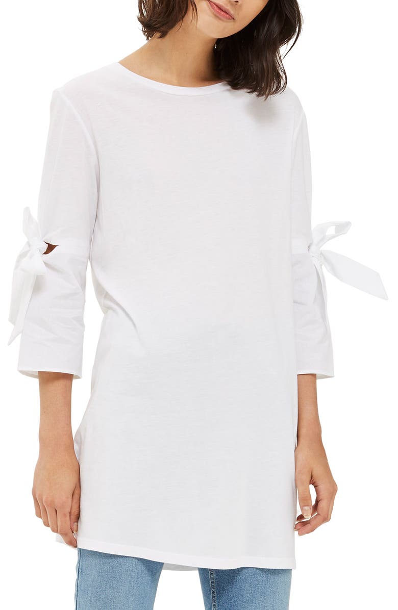 Topshop Tie Trumpet Sleeve Tunic, Main, color, 