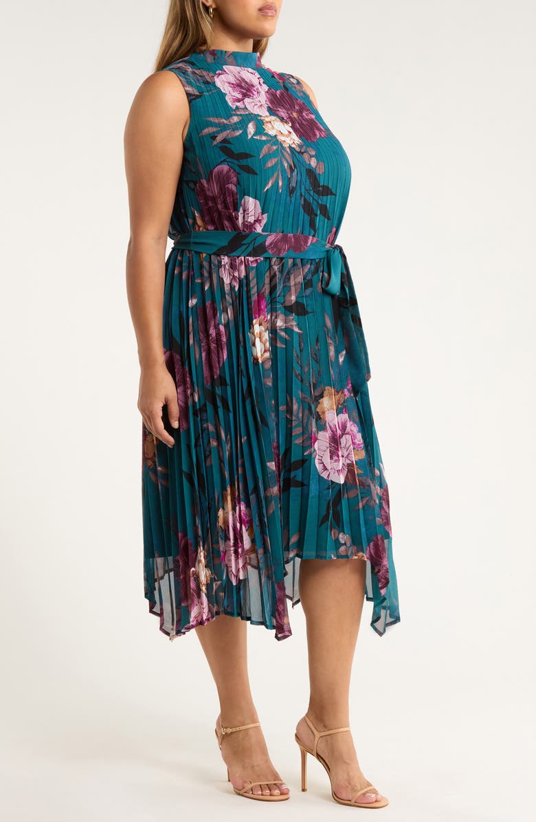 Tahari ASL Floral Print Pleated Sleeveless Asymmetric Midi Dress, Alternate, color, Ocean Teal