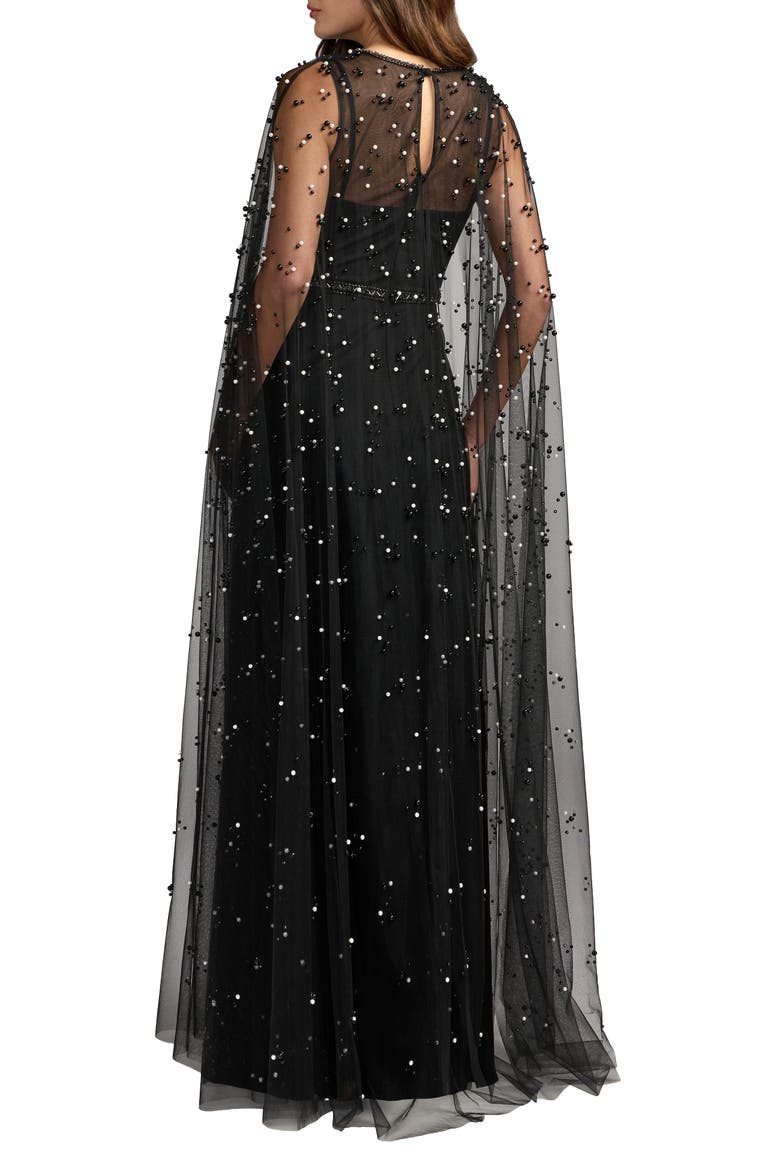 Pearl Embellished Cape A-Line Gown, Alternate, color, Black Ivory