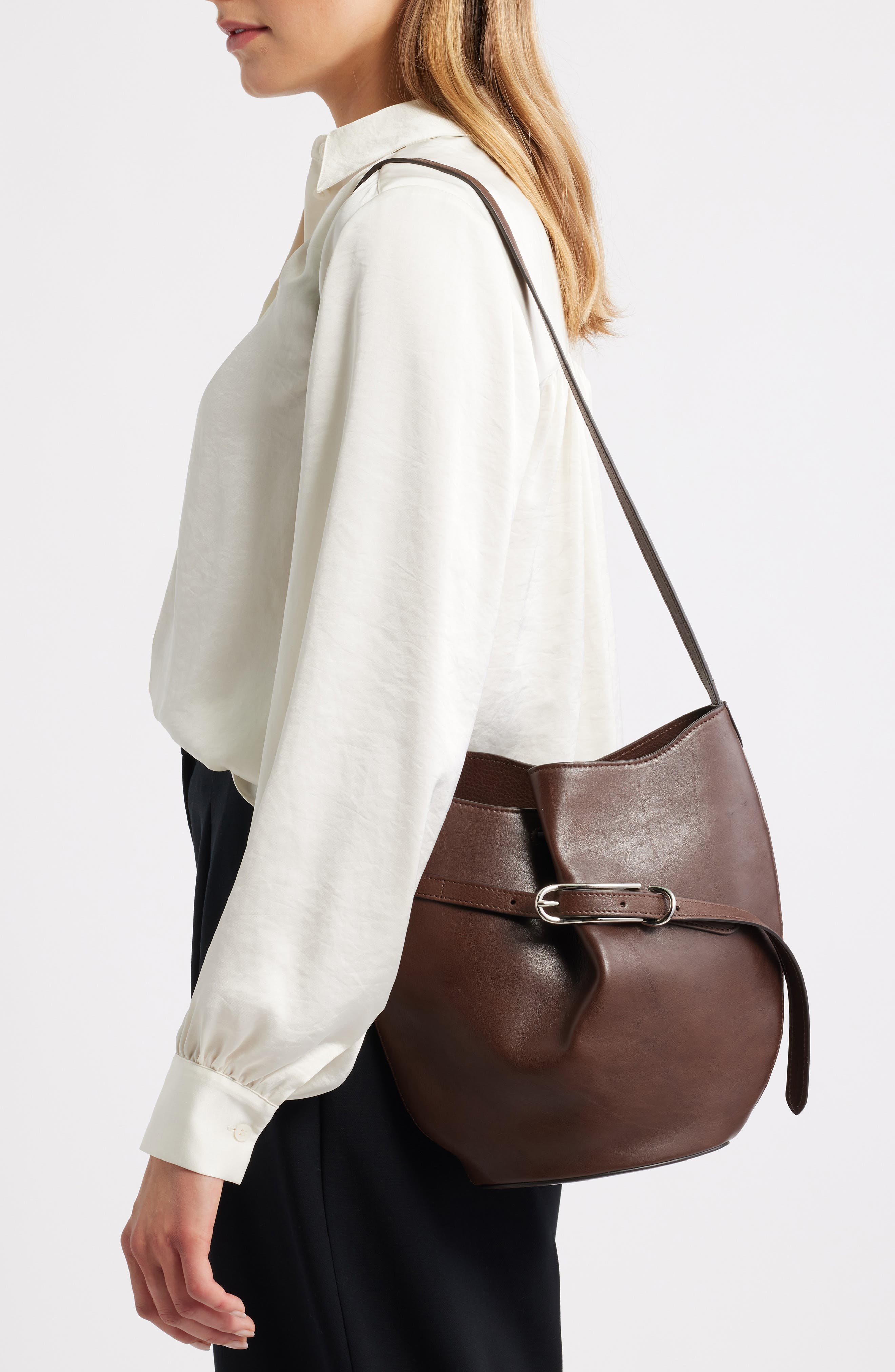LIFFNER Belted Leather Bucket Bag, Alternate, color, Dark Brown