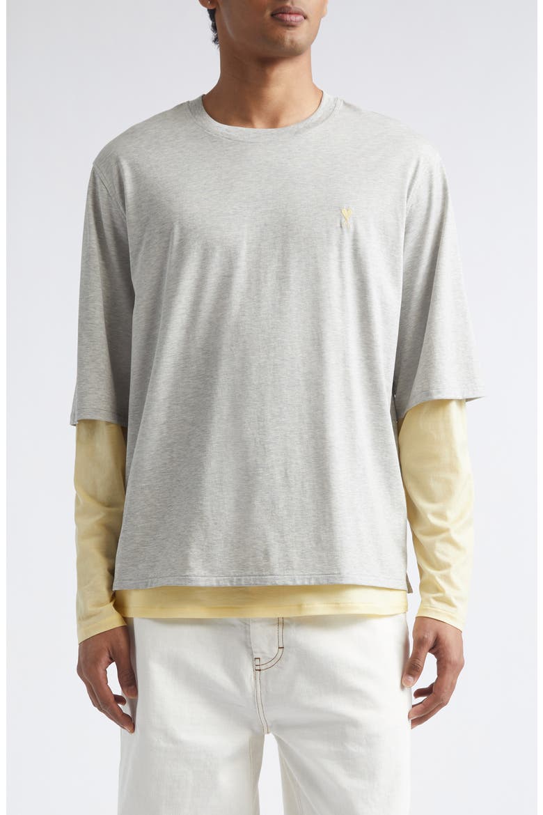 Ami de Coeur Embroidered Layered Long Sleeve Cotton T-Shirt, Main, color, GRIS CHINE CLAIR/ JAUNE