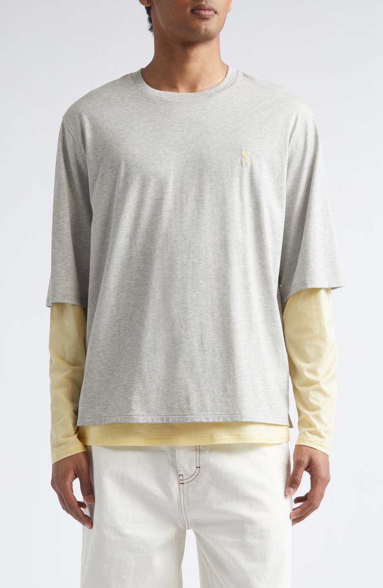 AMI PARIS Ami de Coeur Embroidered Layered Long Sleeve Cotton T-Shirt, Main, color,