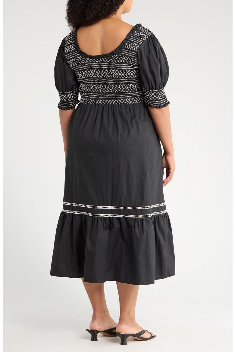 Carlene Smocked Midi Dress, Alternate, color, BLACK