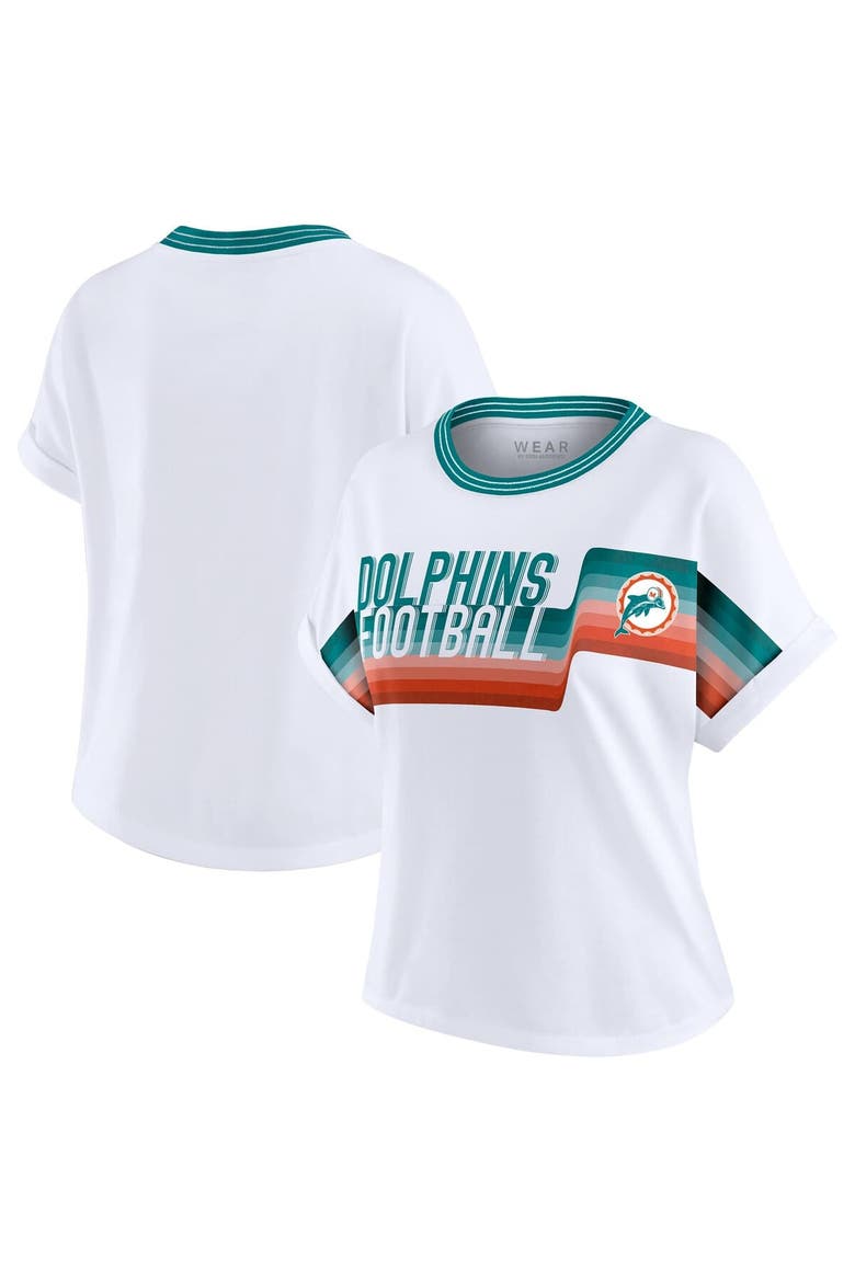Women's WEAR by Erin Andrews White Miami Dolphins Cropped Center Stripe Dolman T-Shirt, Alternate, color, White