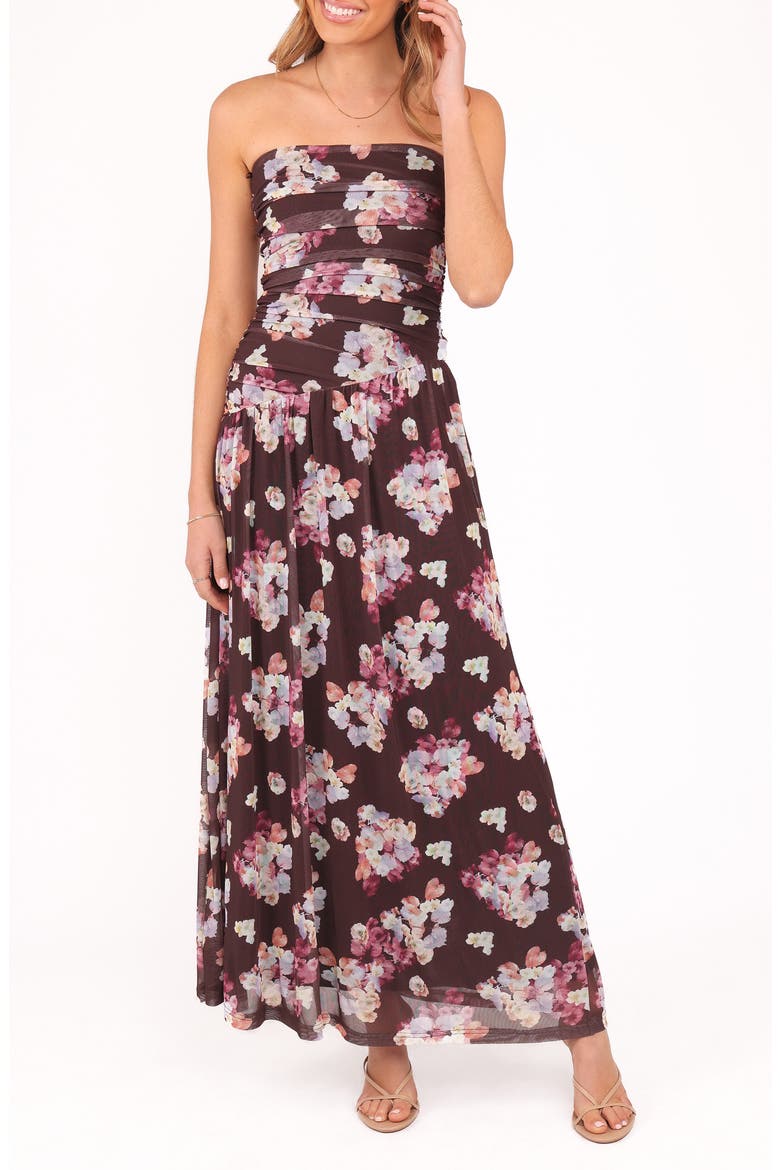 Calypso Floral Strapless Mesh Maxi Dress, Main, color, PURPLE FLORAL