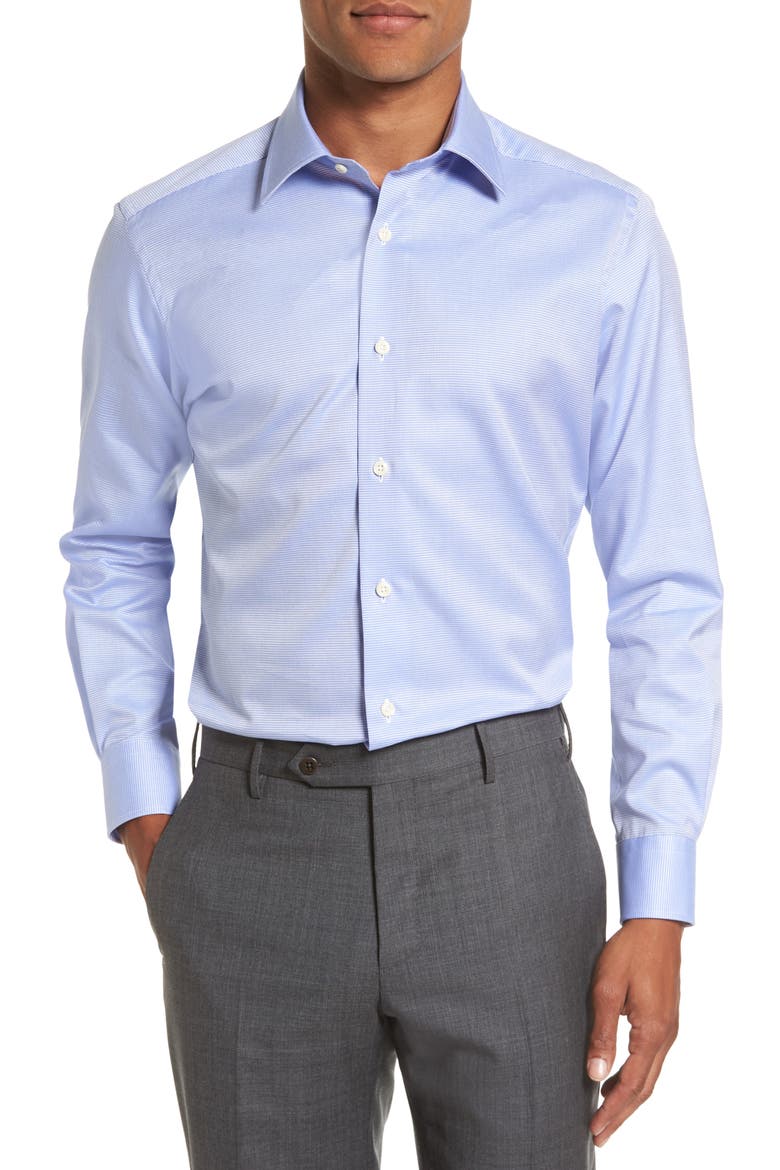 Trim Fit Microcheck Dress Shirt, Main, color, BLUE