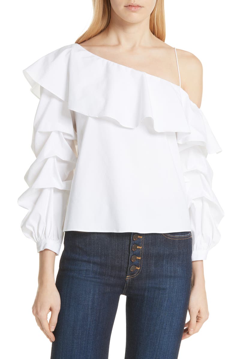 Alice + Olivia Irvine Ruffle One-Shoulder Blouse, Main, color, 