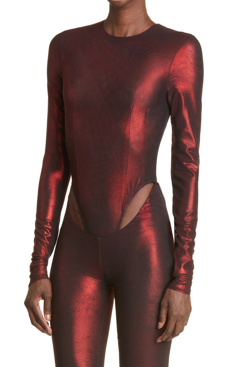 Cutout Long Sleeve Mesh Jumpsuit, Alternate, color, OXBLOOD