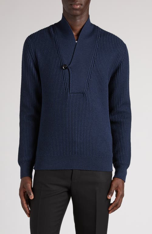 Tom Ford Slim-fit Shawl-collar Ribbed Merino Wool-blend Half-placket Sweater In Hb806 Space Blue