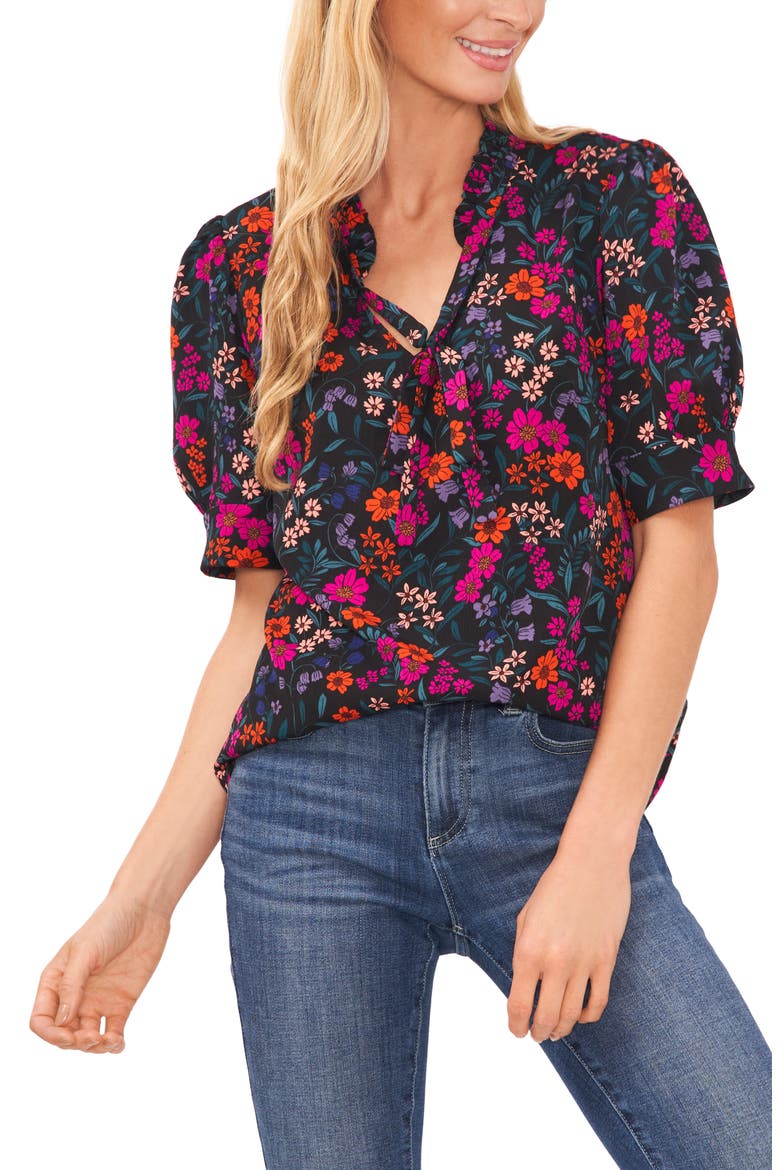 Tie Neck Puff Neck Blouse, Main, color, RICH BLACK