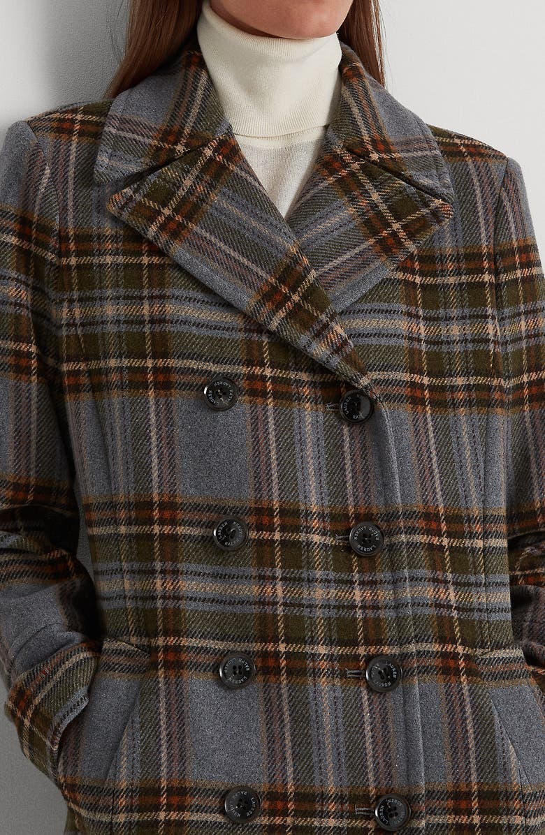 Lauren Ralph Lauren Plaid Double Breasted Wool Blend Long Coat, Alternate, color,