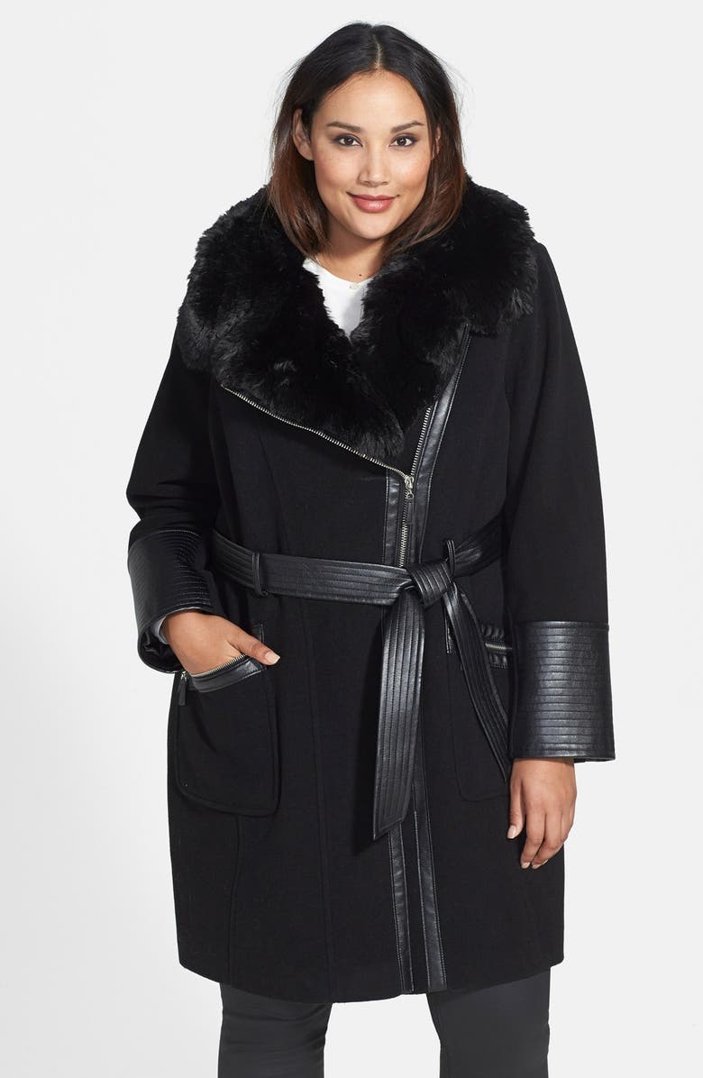 Via Spiga Faux Fur Trim Asymmetrical Wool Blend Coat, Main, color,