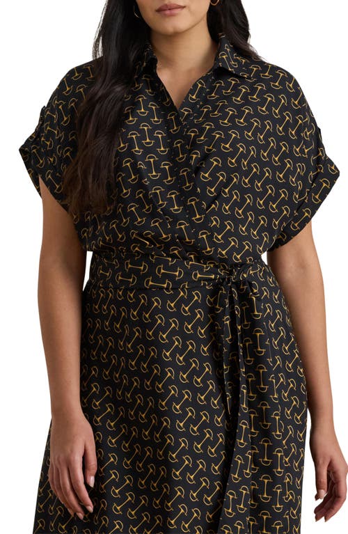 Ralph Lauren Lauren Chain Print Tie Waist Long Sleeve Crepe Shirtdress In Green