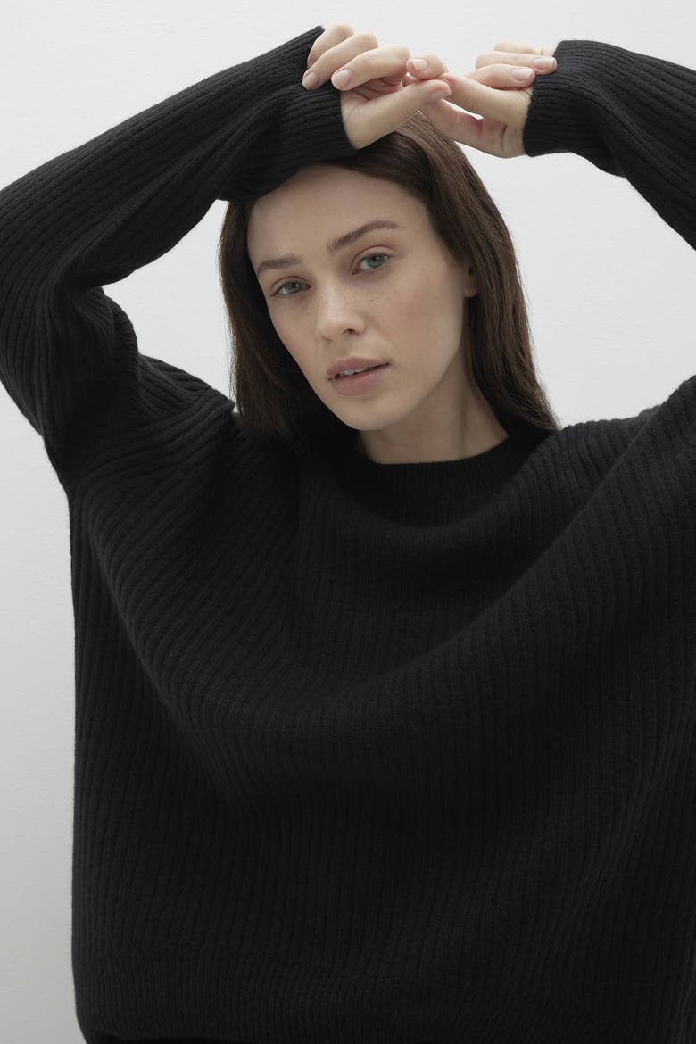 Campbell Ribbed Crewneck Cashmere Sweater, Alternate, color, Black