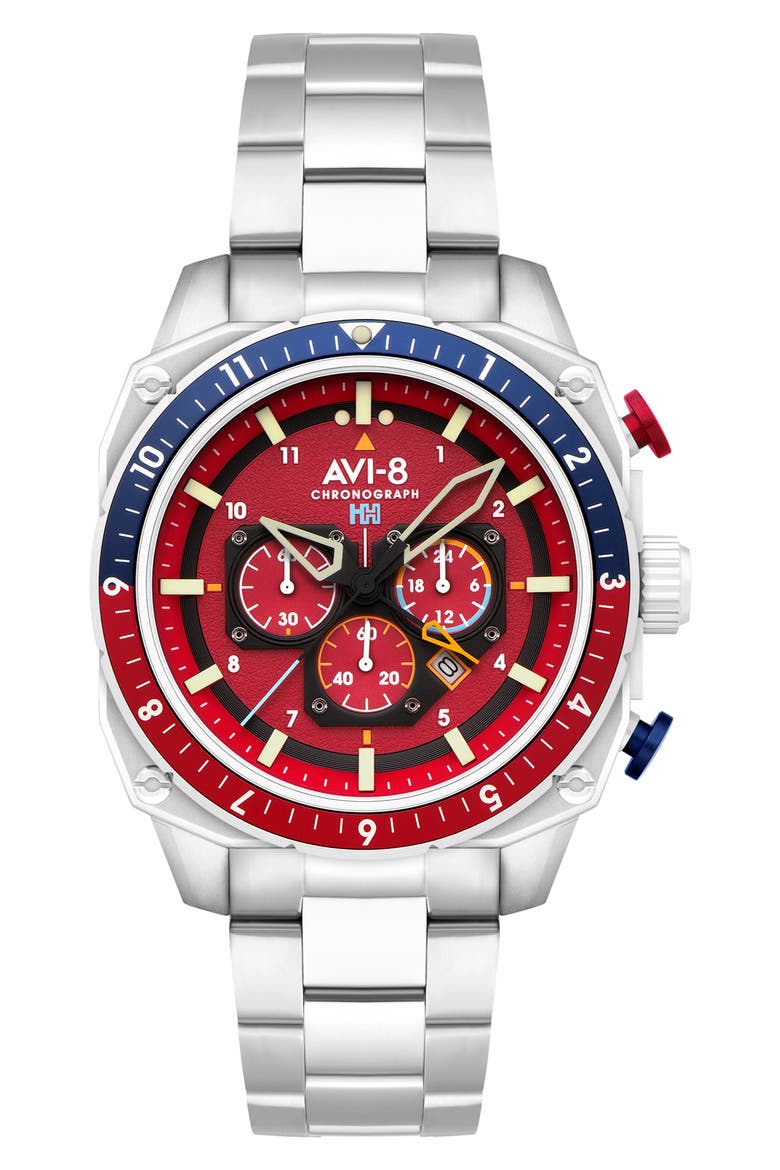 Hawker Hunter Atlas Dual Time Chronograph Bracelet Watch, 44, Main, color, RED