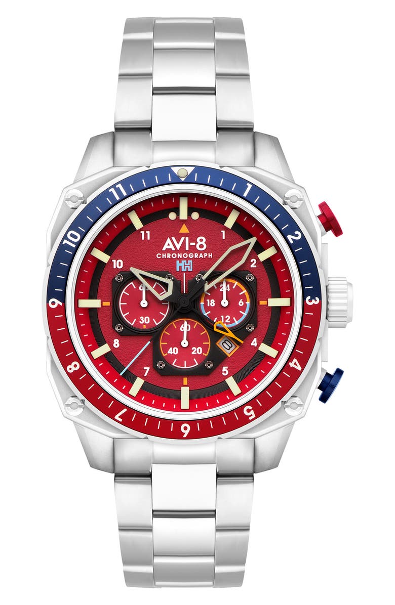 AVI-8 Hawker Hunter Atlas Dual Time Chronograph Bracelet Watch, 44, Main, color, Red
