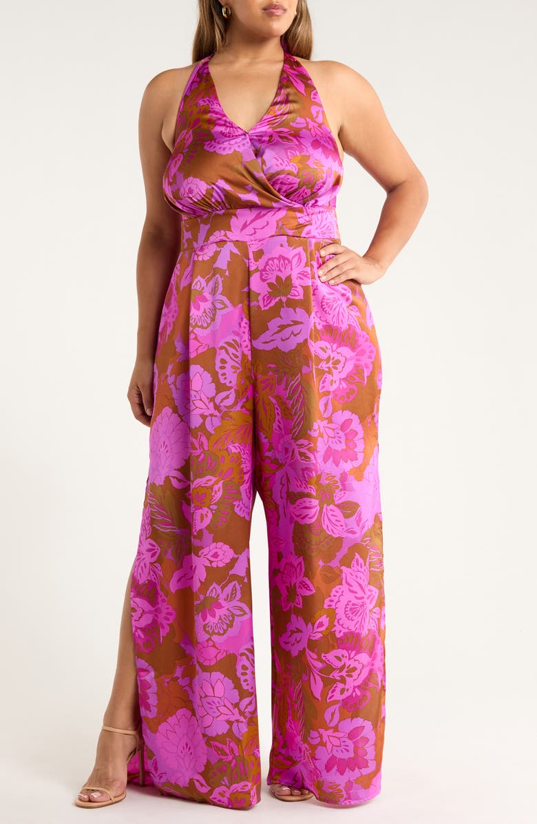 SUGARLIPS Lorian Floral Magic Moment Halter Jumpsuit, Main, color, Rust-Magenta
