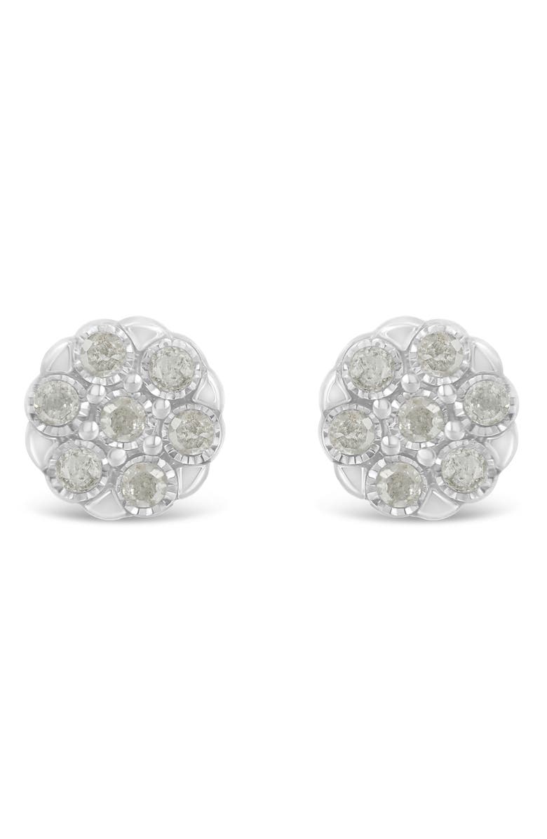 Haus of Brilliance Silver RoseDiamond Floral Cluster Stud Earring, Main, color, White