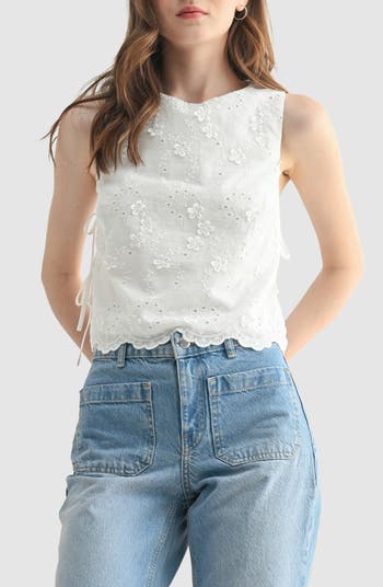 YXVVMQ Women's Eyelet Embroidery Tank Top - Loose Fit Spaghetti Strap Summer Cami