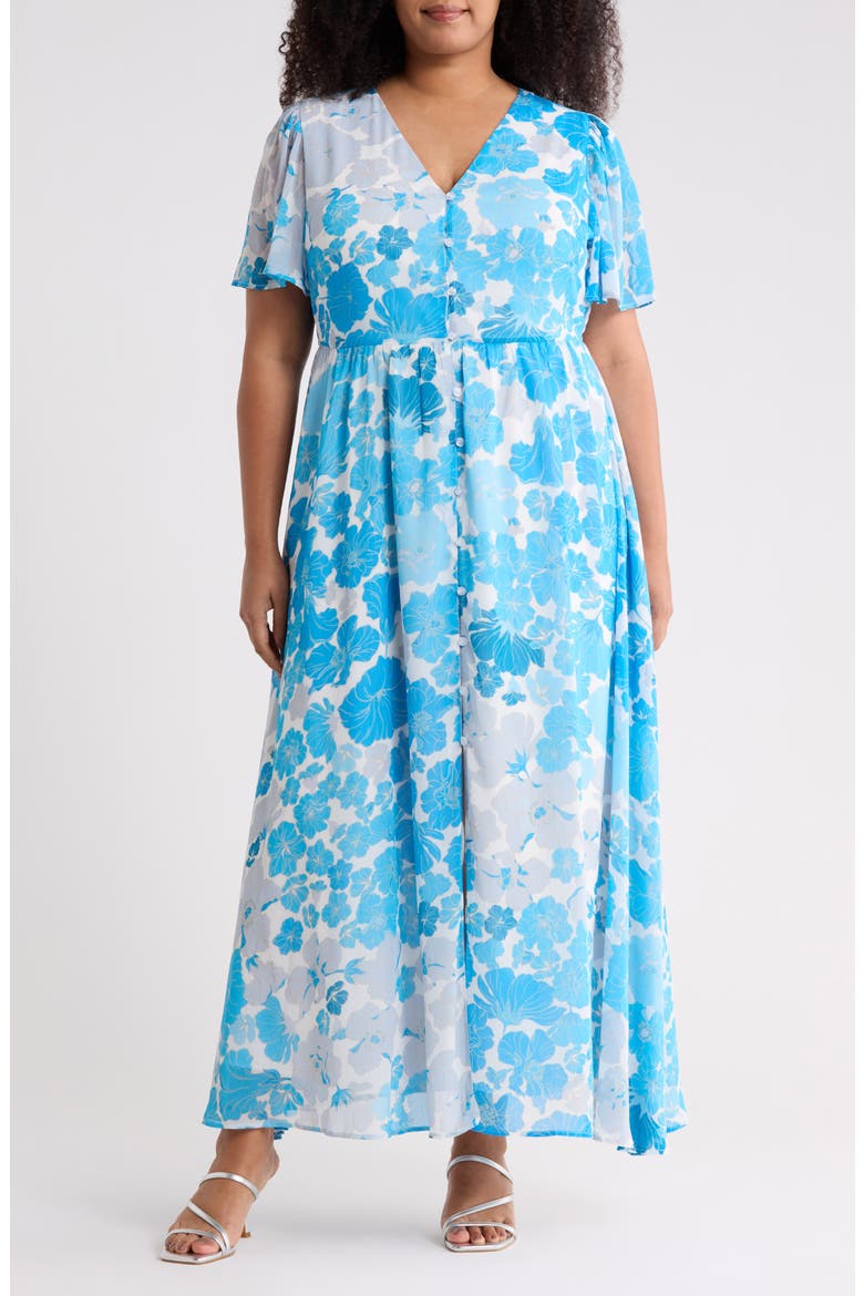 Kerela Floral Linana Button Maxi Dress, Main, color, WHITE-BLUE-COMBO