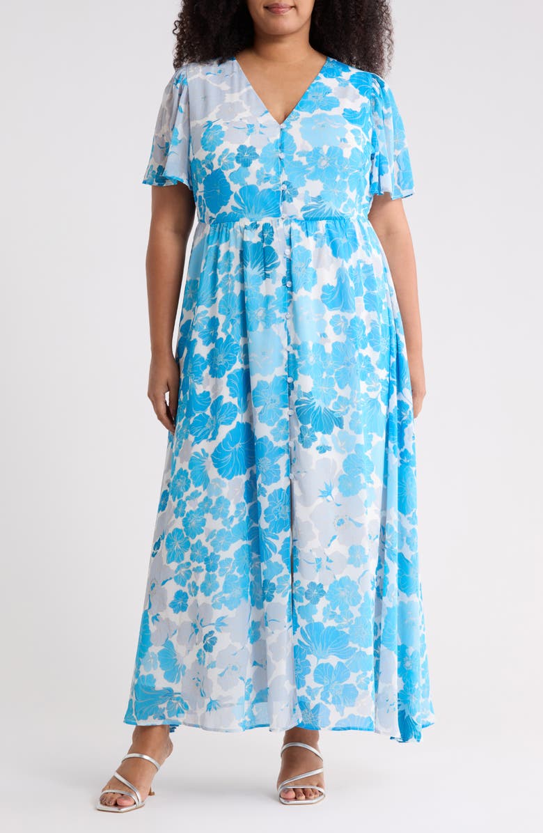 SUGARLIPS Kerela Floral Linana Button Maxi Dress, Main, color, White-Blue-Combo