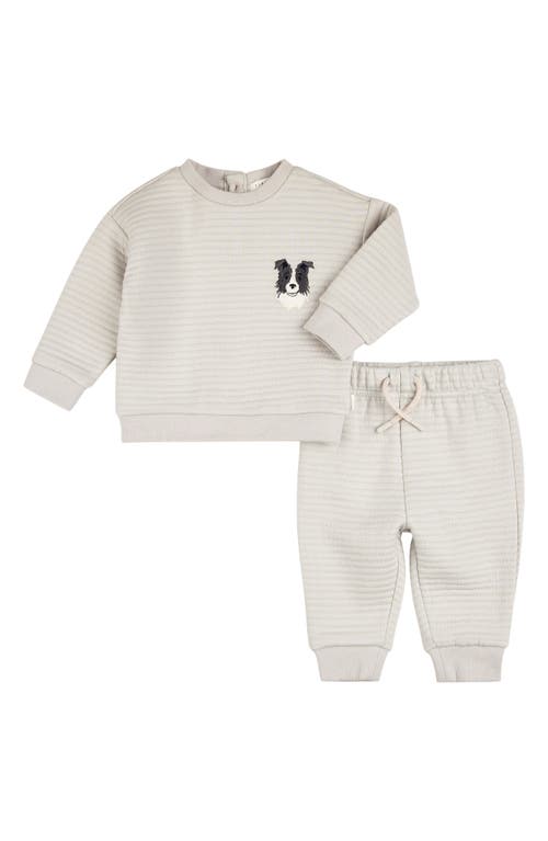 FIRSTS by Petit Lem Lunar Rock Embroidered Quilted Organic Cotton Blend Sweatshirt & Sweatpants Set in Light Grey 