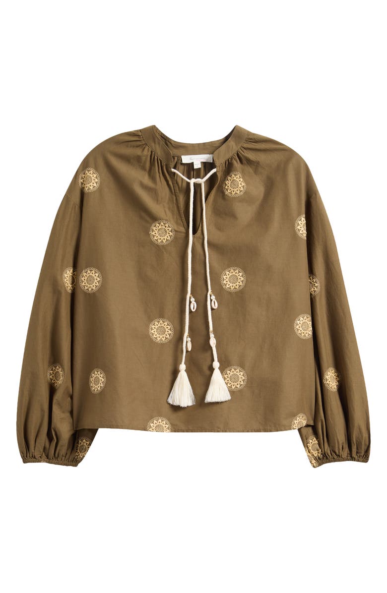 Two by Vince Camuto Embroidered Tassel Tie Neck Top, Alternate, color, Dark Olive