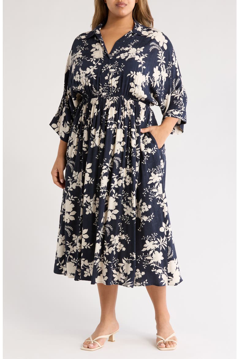 Floral Collared Jacquard Dress, Main, color, NAVY