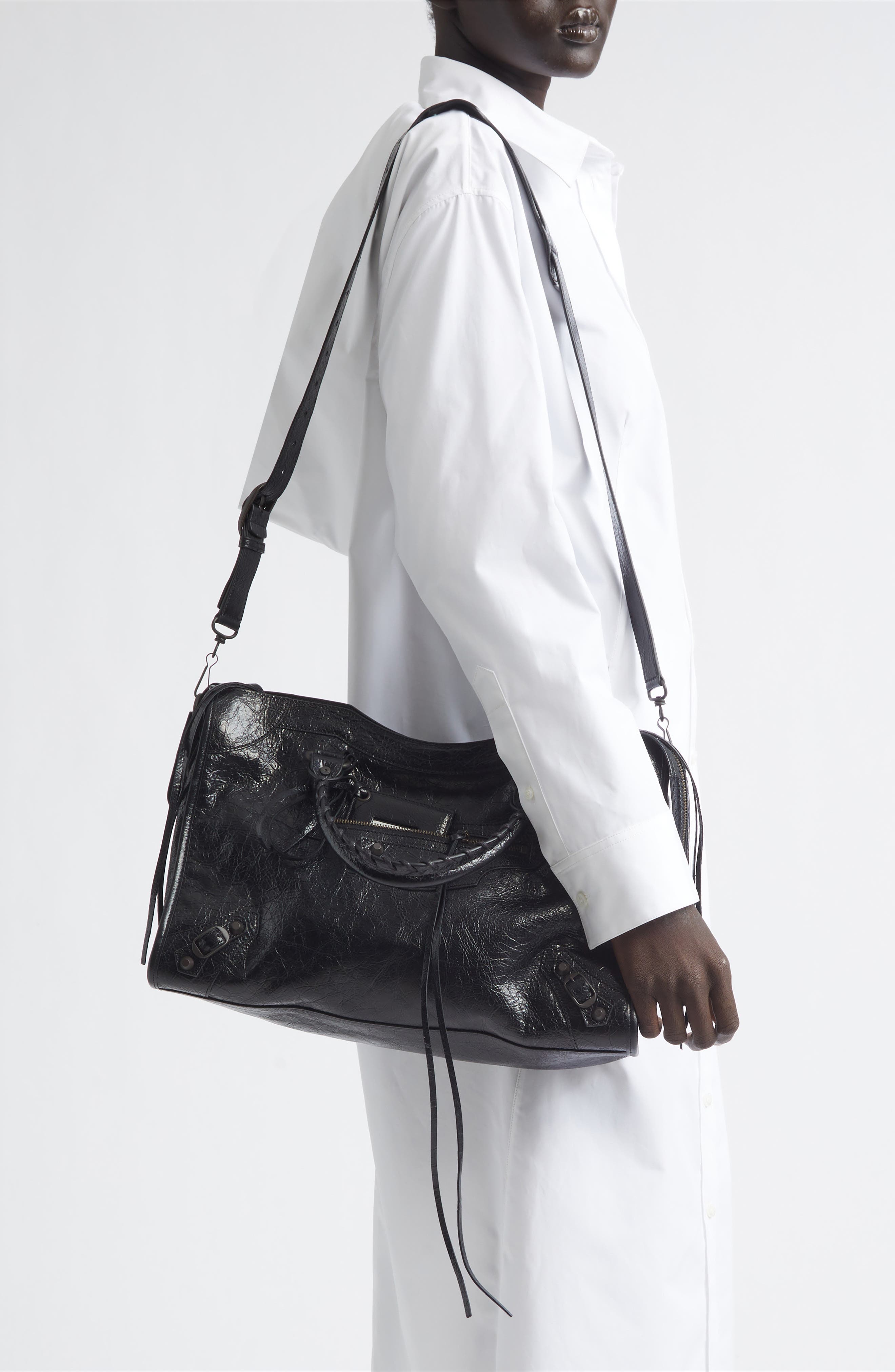 Balenciaga Medium Le City Leather Satchel, Alternate, color, 1000 Black