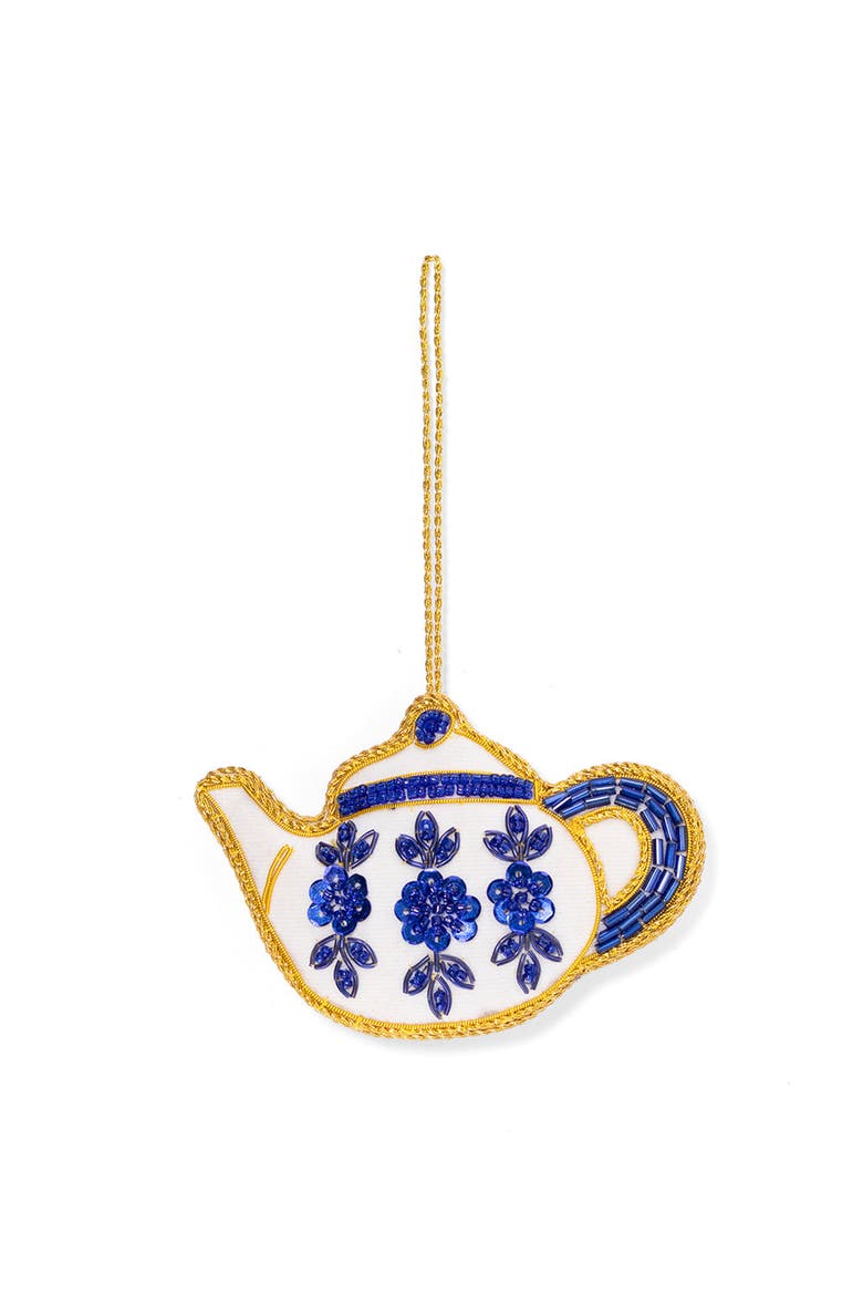 Larissa Plush Teapot Beaded Fabric Ornament - Embroidered, Main, color, Blue