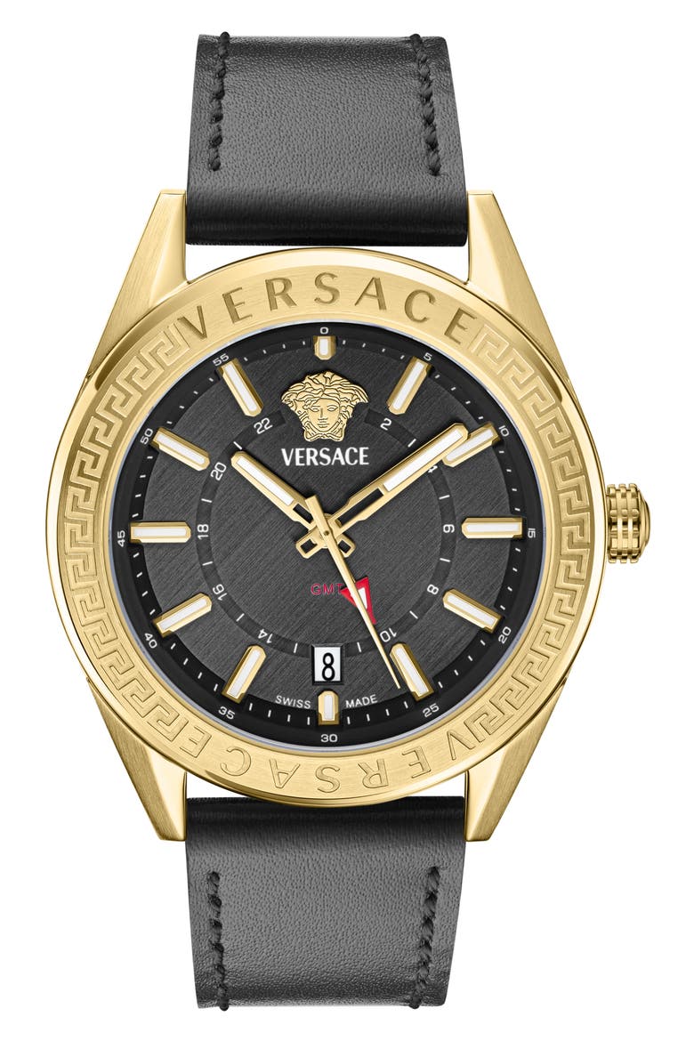 V-Code GMT Leather Strap Watch, 42mm, Main, color, BLACK/ GOLD