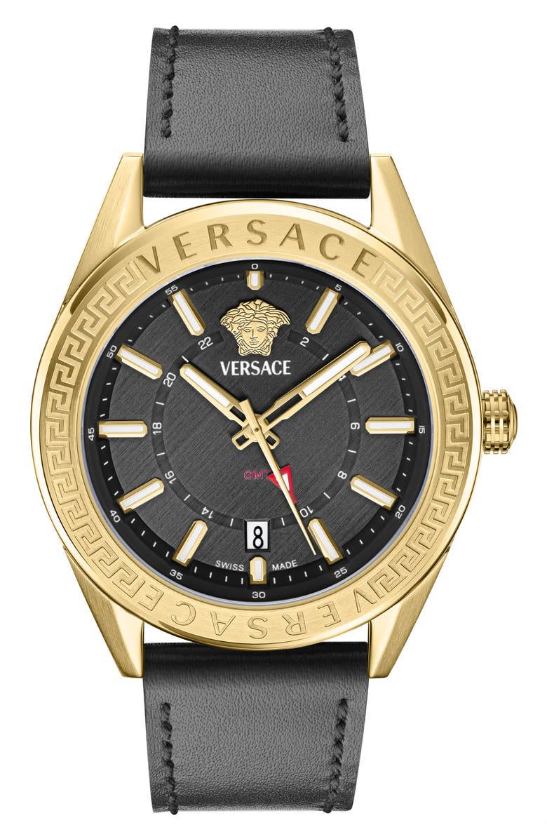 Versace V-Code GMT Leather Strap Watch, 42mm, Main, color, Black/ Gold