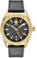 Versace V-Code GMT Leather Strap Watch, 42mm