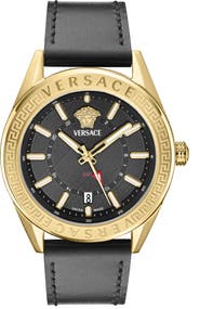 Versace V-Code GMT Leather Strap Watch, 42mm