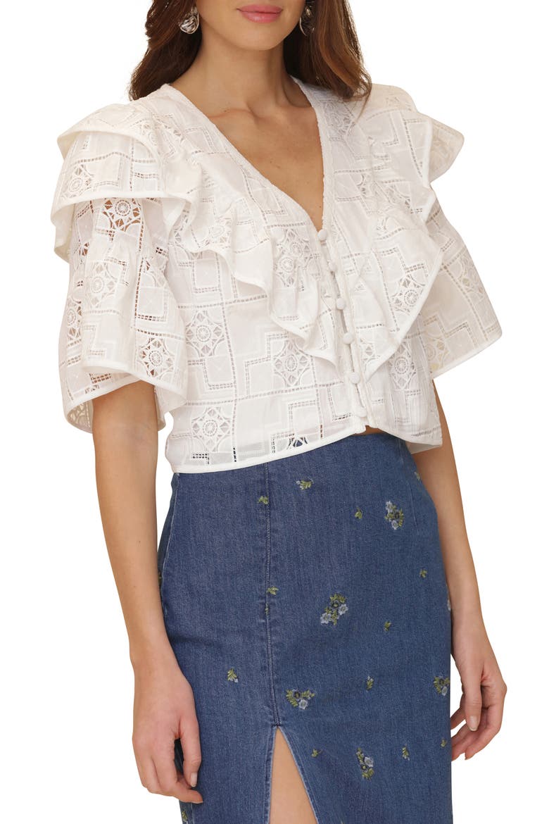 Ruffle Tiered Button-Up Crop Top, Alternate, color, WHITE