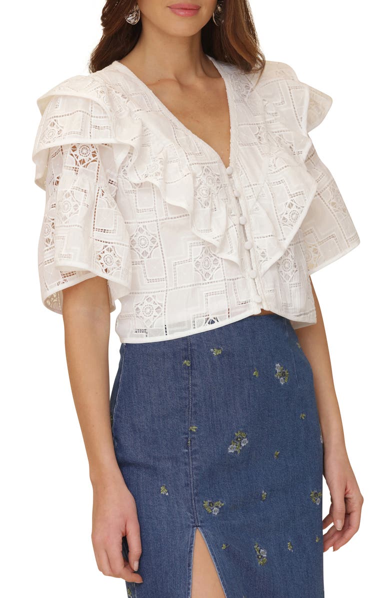 Avec Les Filles Ruffle Tiered Button-Up Crop Top, Alternate, color, White