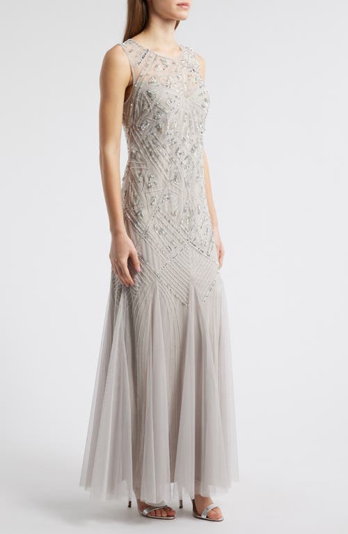 Pisarro Nights Geometric Beaded Sleeveless Gown In Silver
