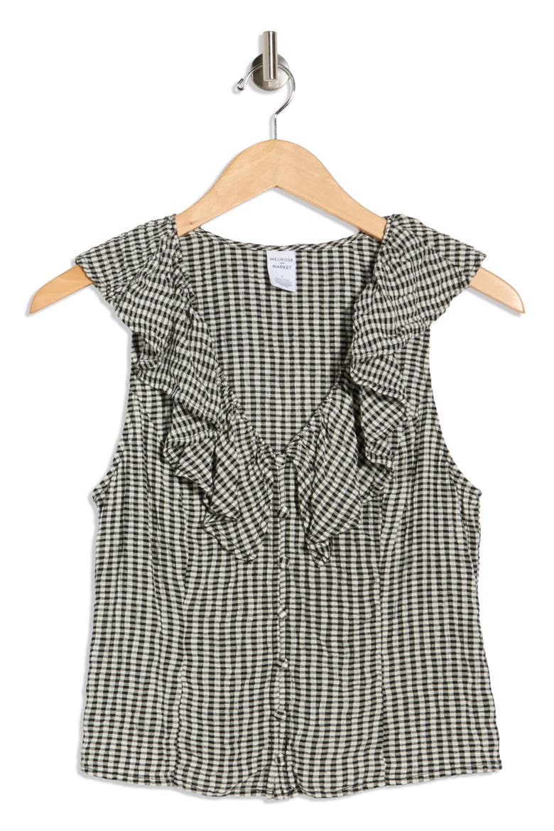 Ruffle V-Neck Sleeveless Top, Alternate, color, BLACK- IVORY MINI GINGHAM