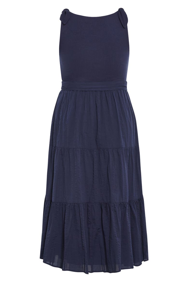 Hallie Mixed Media Tiered Midi Dress, Alternate, color, NAVY