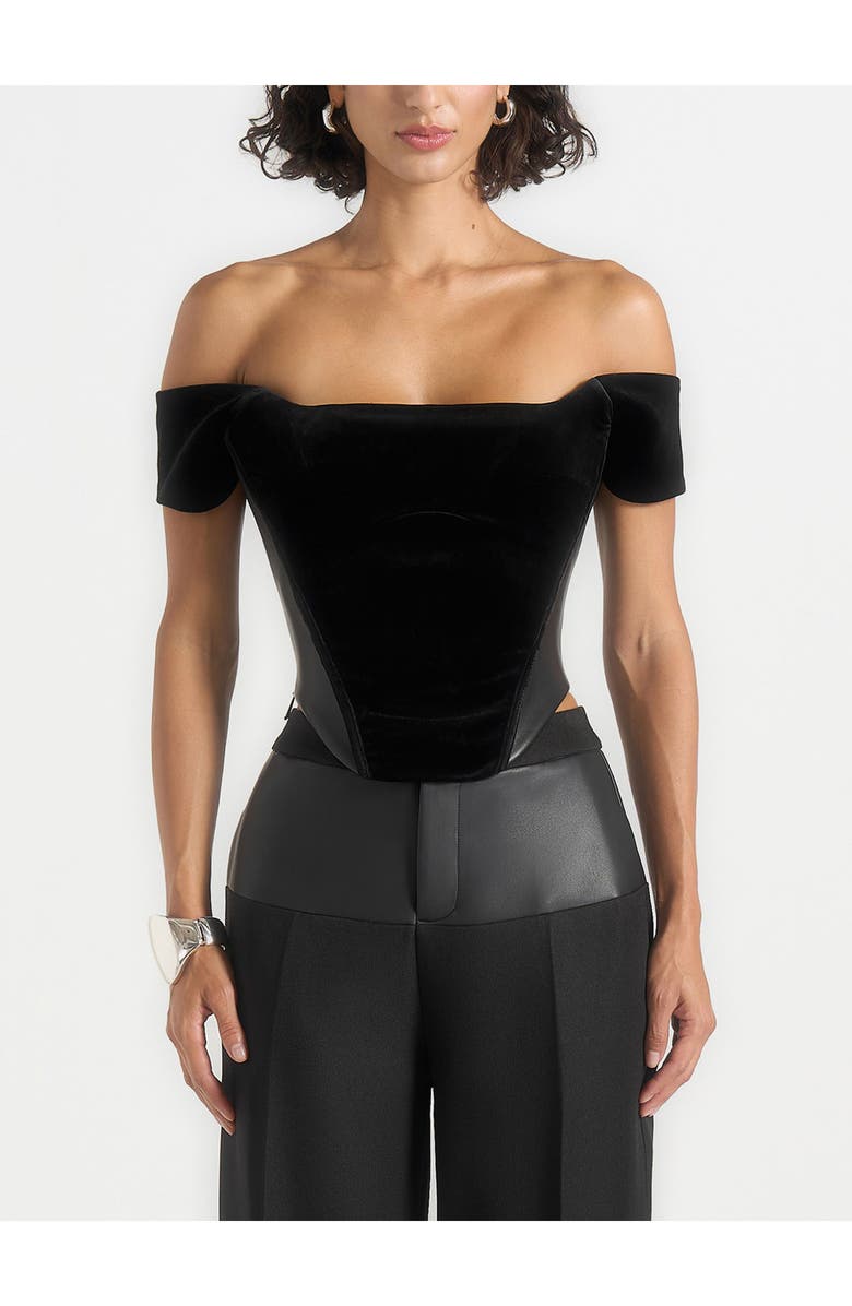 Manière De Voir Fae Velvet & Leather Bardot Corset Top, Alternate, color, Black