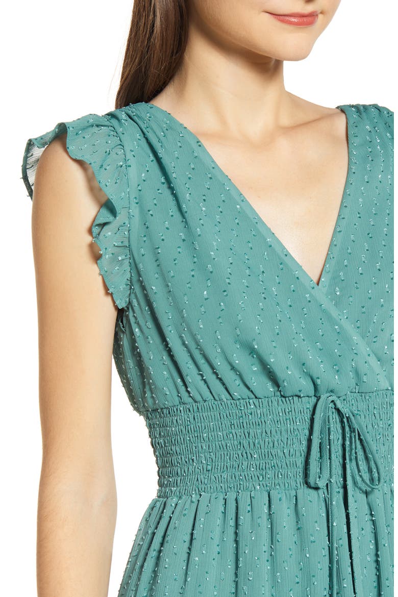 Smock Waist Ruffle Sleeve Cotton & Linen Dress, Alternate, color, GREEN