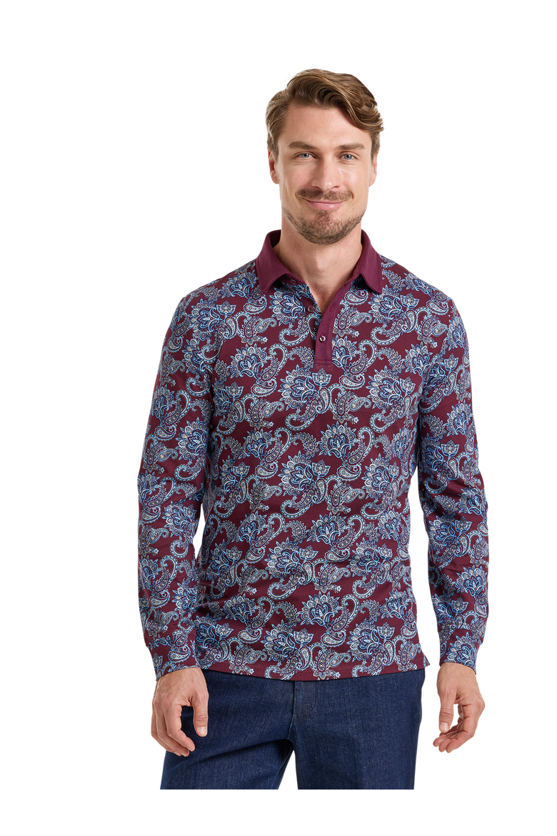 Long Sleeve Cotton Jersey 3-Button Polo With Patterned Trim, Alternate, color, Burgundy Multi