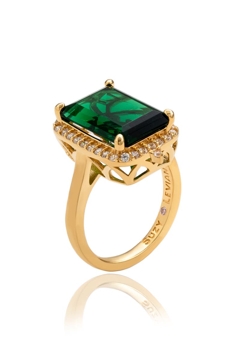 Halo Emerald Cut Cubic Zirconia Ring, Alternate, color, GREEN