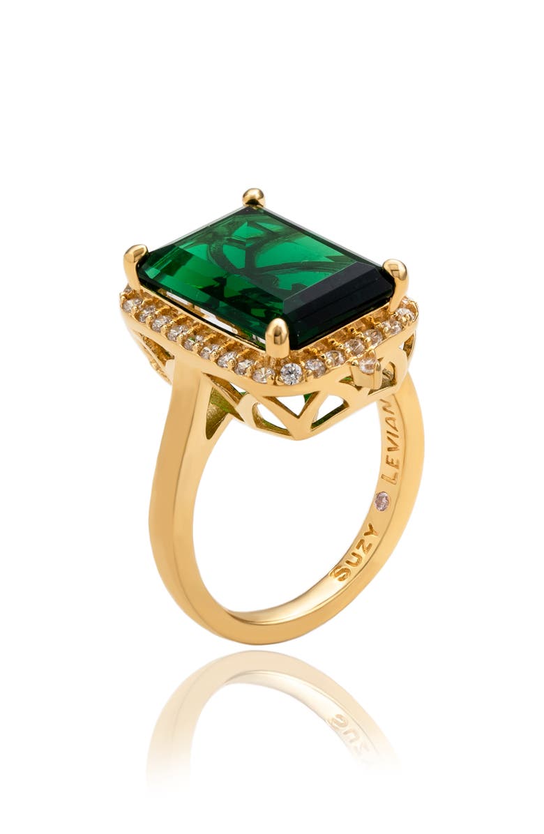 SUZY LEVIAN Halo Emerald Cut Cubic Zirconia Ring, Alternate, color, Green