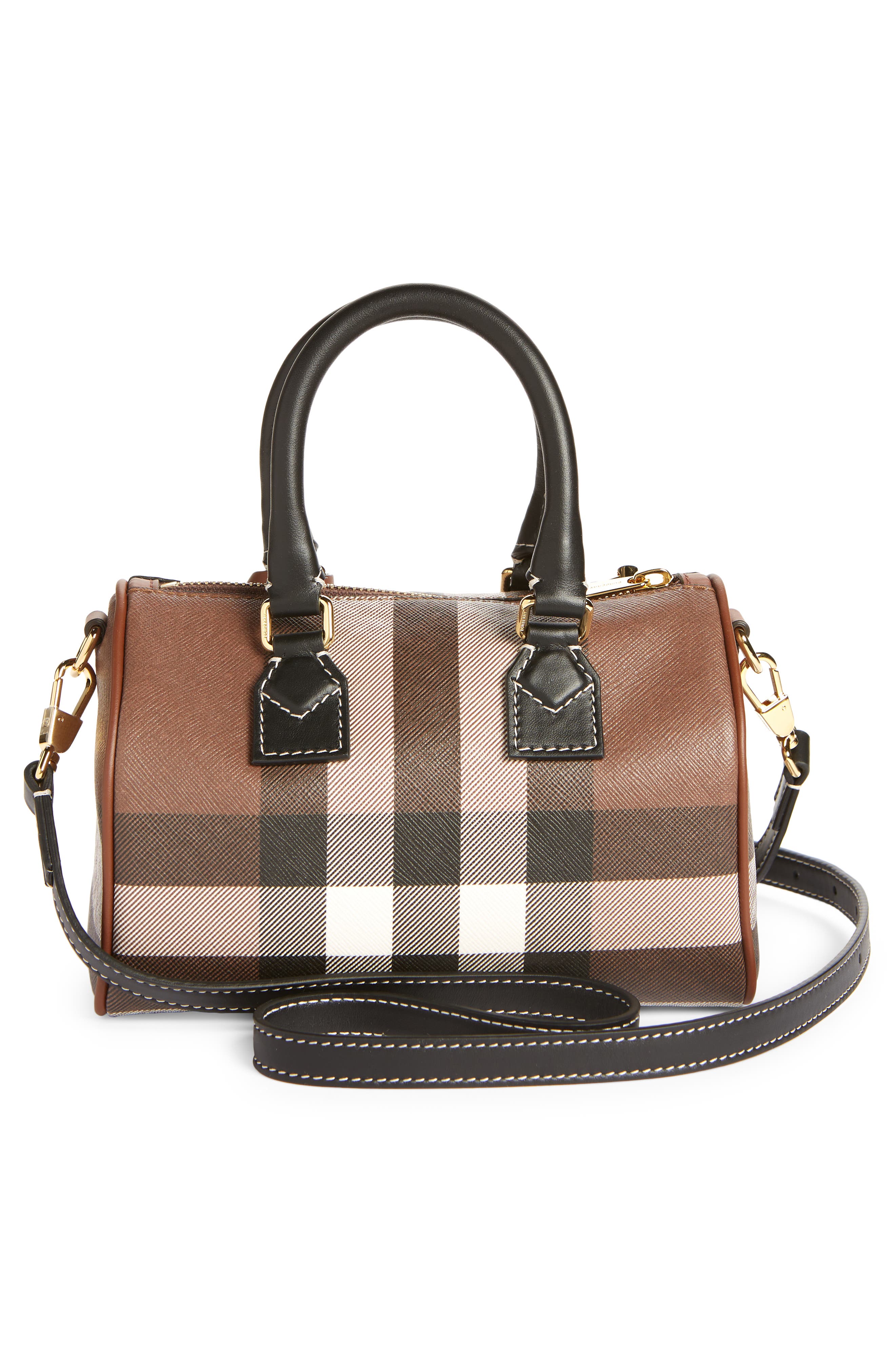 Burberry Mini Check Canvas & Leather Bowling Bag, Alternate, color, Dark Birch Brown Chk