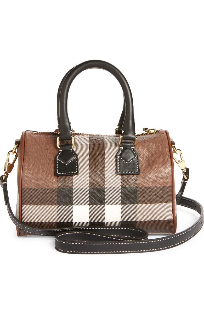 Burberry Mini Check Canvas & Leather Bowling Bag, Alternate, color, Dark Birch Brown Chk