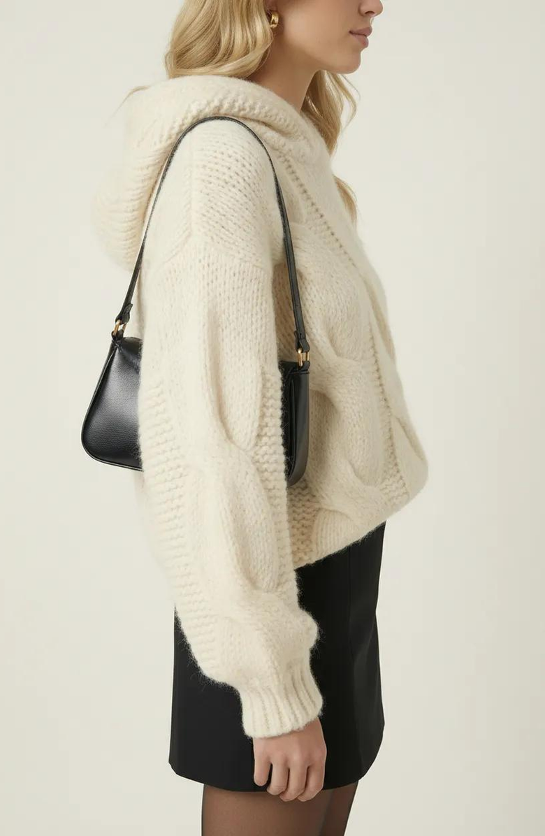 Modenaire Cable-Knit Hoodie with Pockets, Alternate, color, Cream