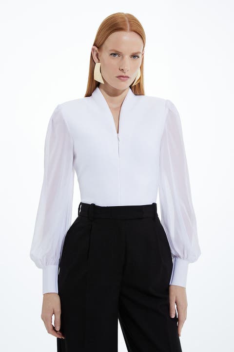 Zip Detail Chiffon Sleeve Knit Top