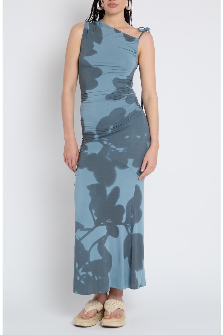 Placement Print Ruched Side Maxi Dress, Main, color, BLUE